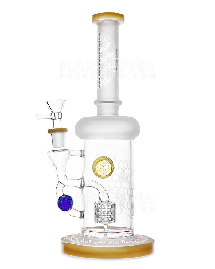 USA Glass | Straight Neck Matrix Perc Sandblasted Glass Water Pipe w/ Implosion Marbles | 11in Tall - 14mm Bowl - Yellow Image