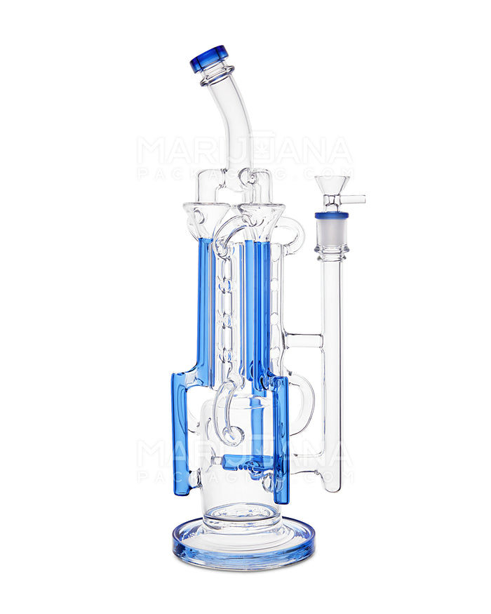 USA Glass | Bent Neck Inline Perc Six Recycler Pillar Tower Water Pipe w/ Thick Base | 14.5in Tall - 14mm Bowl - Blue Image