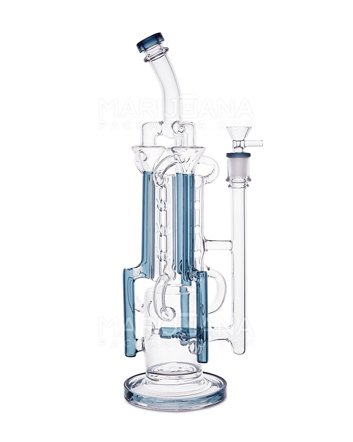 USA Glass | Bent Neck Inline Perc Six Recycler Pillar Tower Water Pipe w/ Thick Base | 14.5in Tall - 14mm Bowl - Teal Image