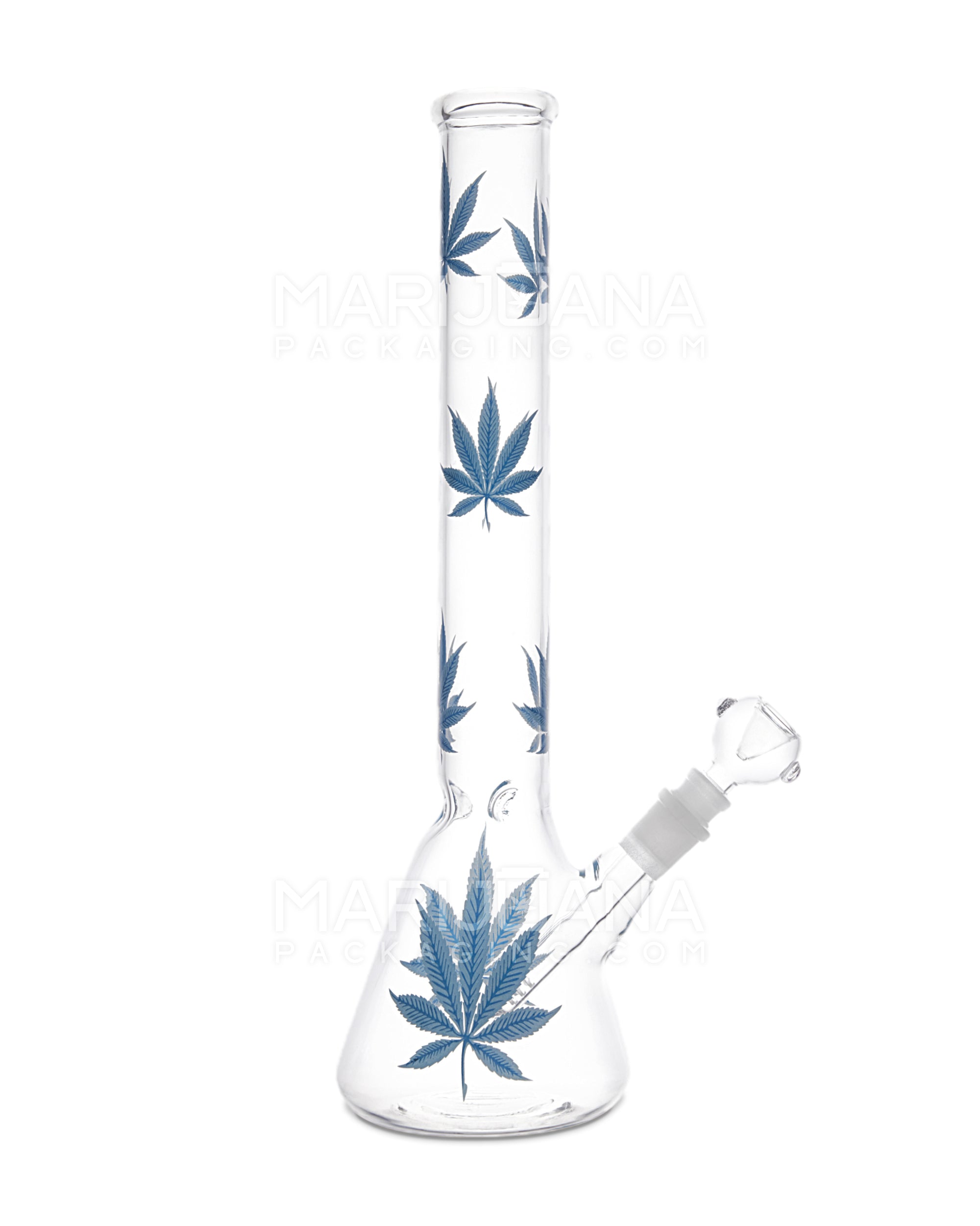 Straight Neck Leaf Decal Glass Beaker Water Pipe w/ Ice Catcher | 14in Tall - 14mm Bowl - Blue