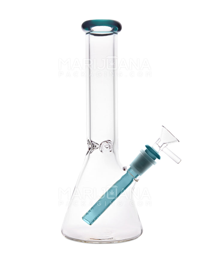 Straight Neck Color Lip Glass Beaker Water Pipe w/ Ice Catcher | 10.25in Tall - 14mm Bowl - Teal Blue Image