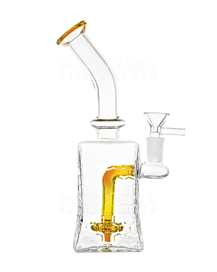 Bent Neck Honeycomb Speckled Square Glass Water Pipe w/ Showerhead Perc | 9in Tall - 14mm Bowl - Amber Image