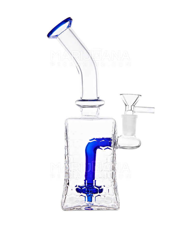 Bent Neck Honeycomb Speckled Square Glass Water Pipe w/ Showerhead Perc | 9in Tall - 14mm Bowl - Blue Image