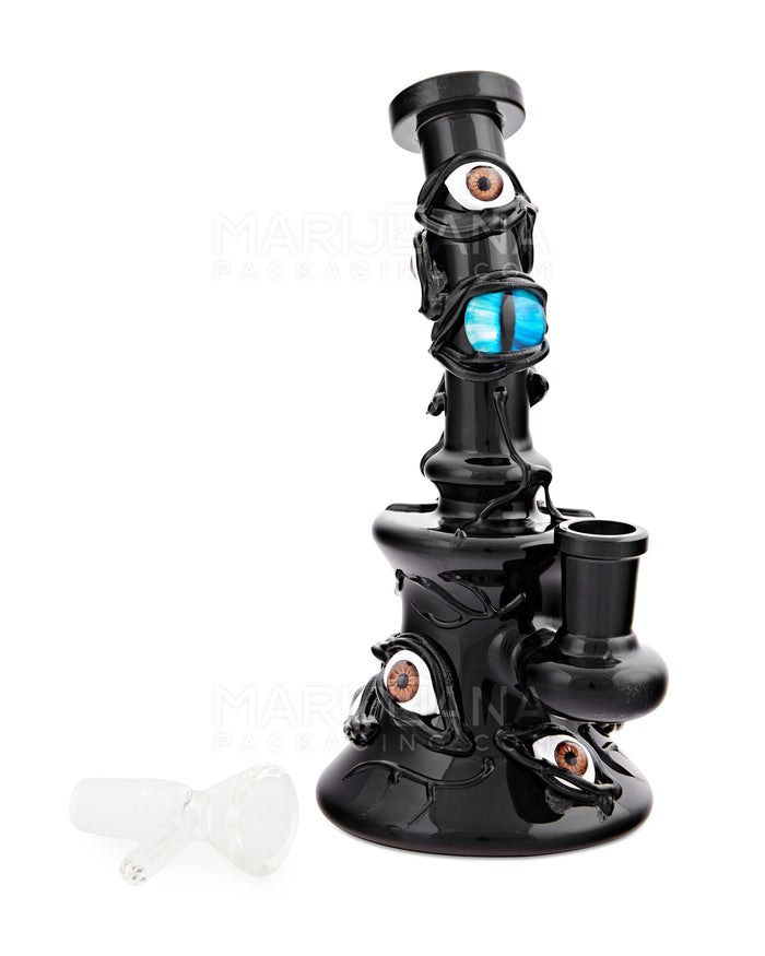 Bent Neck Demon Eyes Glass Beaker Water Pipe w/ Showerhead Perc | 7in Tall - 14mm Bowl - Black Image