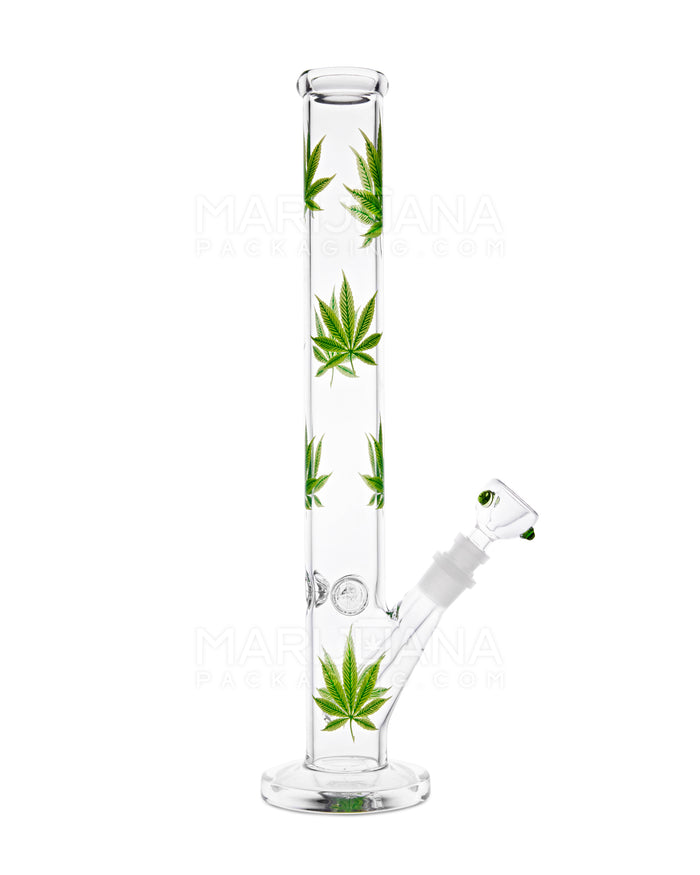 Straight Neck Leaf Decal Glass Straight Shooter Water Pipe w/ Ice Catcher | 14in Tall - 14mm Bowl - Green Image