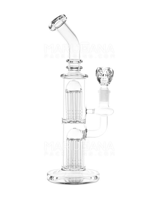 USA Glass | Bent Neck Double Tree Perc Water Pipe w/ Honeycomb Face Bowl | 10.5in Tall - 14mm Bowl - Clear