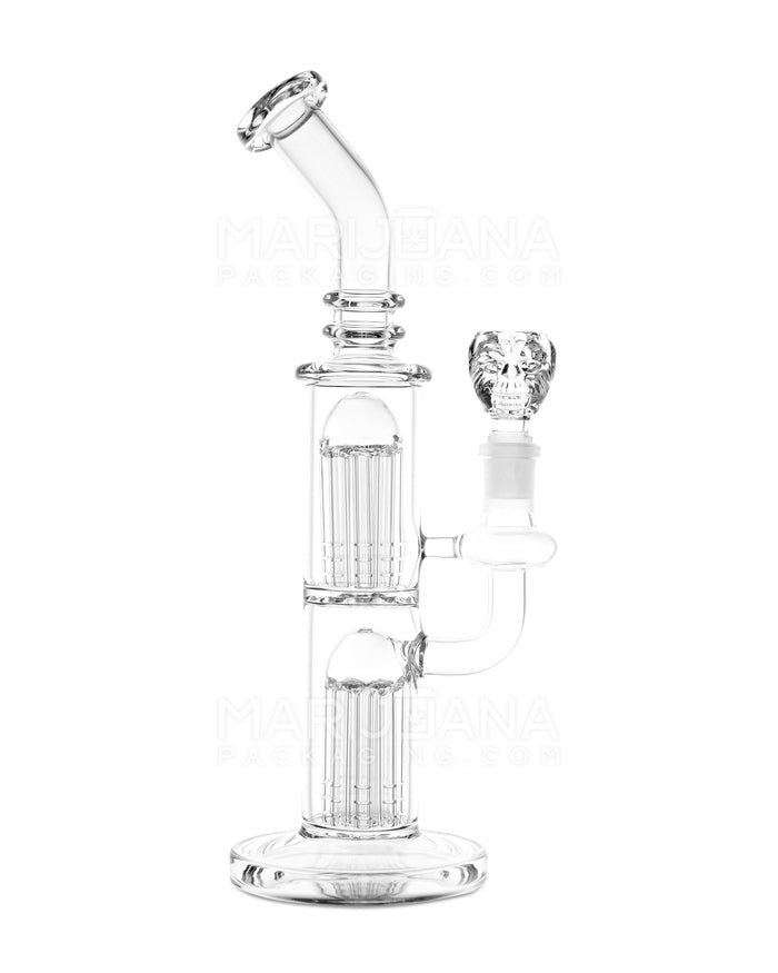 USA Glass | Bent Neck Double Tree Perc Water Pipe w/ Honeycomb Face Bowl | 10.5in Tall - 14mm Bowl - Clear Image