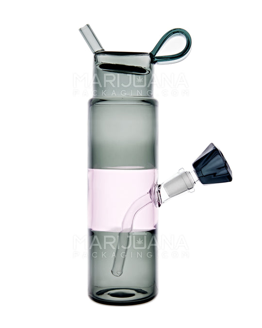 USA Glass | Water Bottle Flask Style Water Pipe | 9.5in Tall - 14mm Bowl - Smoke/Pink