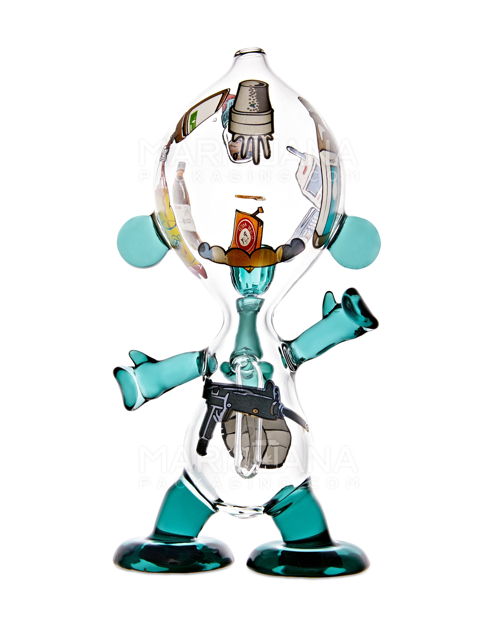 Dewdrop Boy Munny Style Glass Water Pipe W/ Decals | 8in Tall - 14mm Bowl - Teal