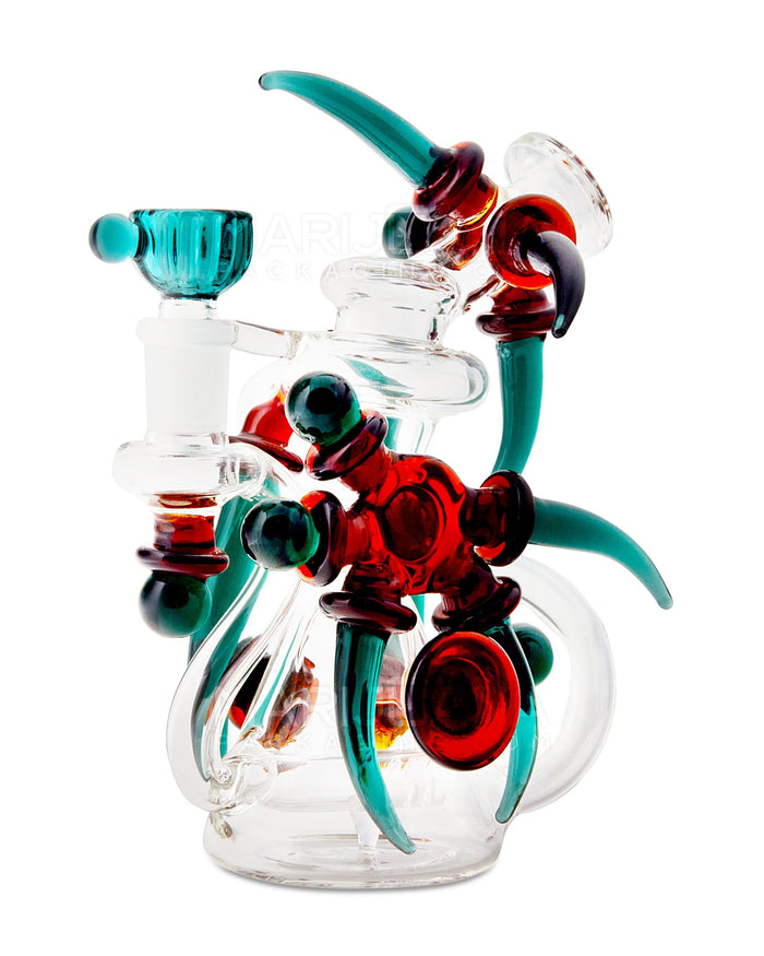 USA Glass | Bent Neck Claw Design Recycler Water Pipe | 7in Tall - 14mm Bowl - Teal Amber Image