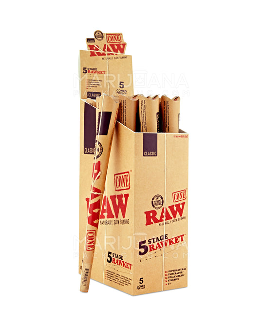 RAW | 'Retail Display' 5 Stage RAWket Pre-Rolled Cones | 180mm - Unbleached Paper - 15 Count