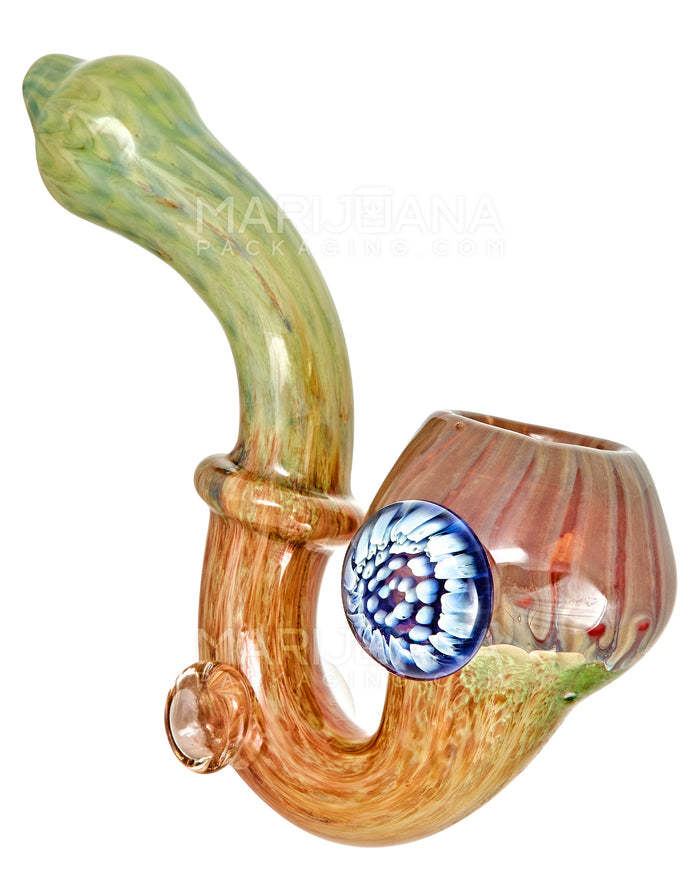 Color Pull Ringed Sherlock Hand Pipe w/ Implosion Flower Marble | 5.5in Long - Glass - Assorted Image