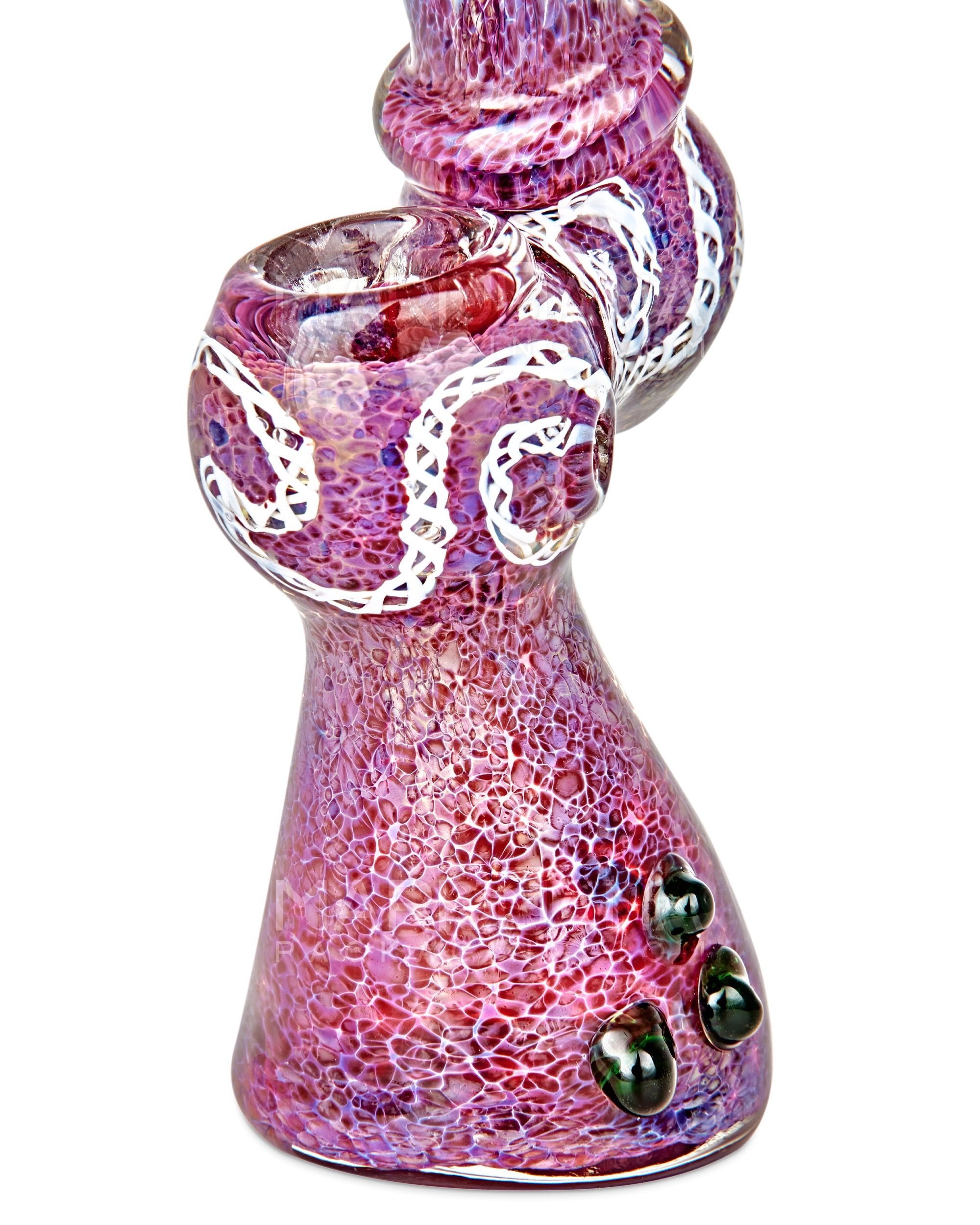 Frit & Gold Fumed Ringed Bubbler w/ Ribboning & Triple Knockers | 8in Tall - Glass - Purple - 3