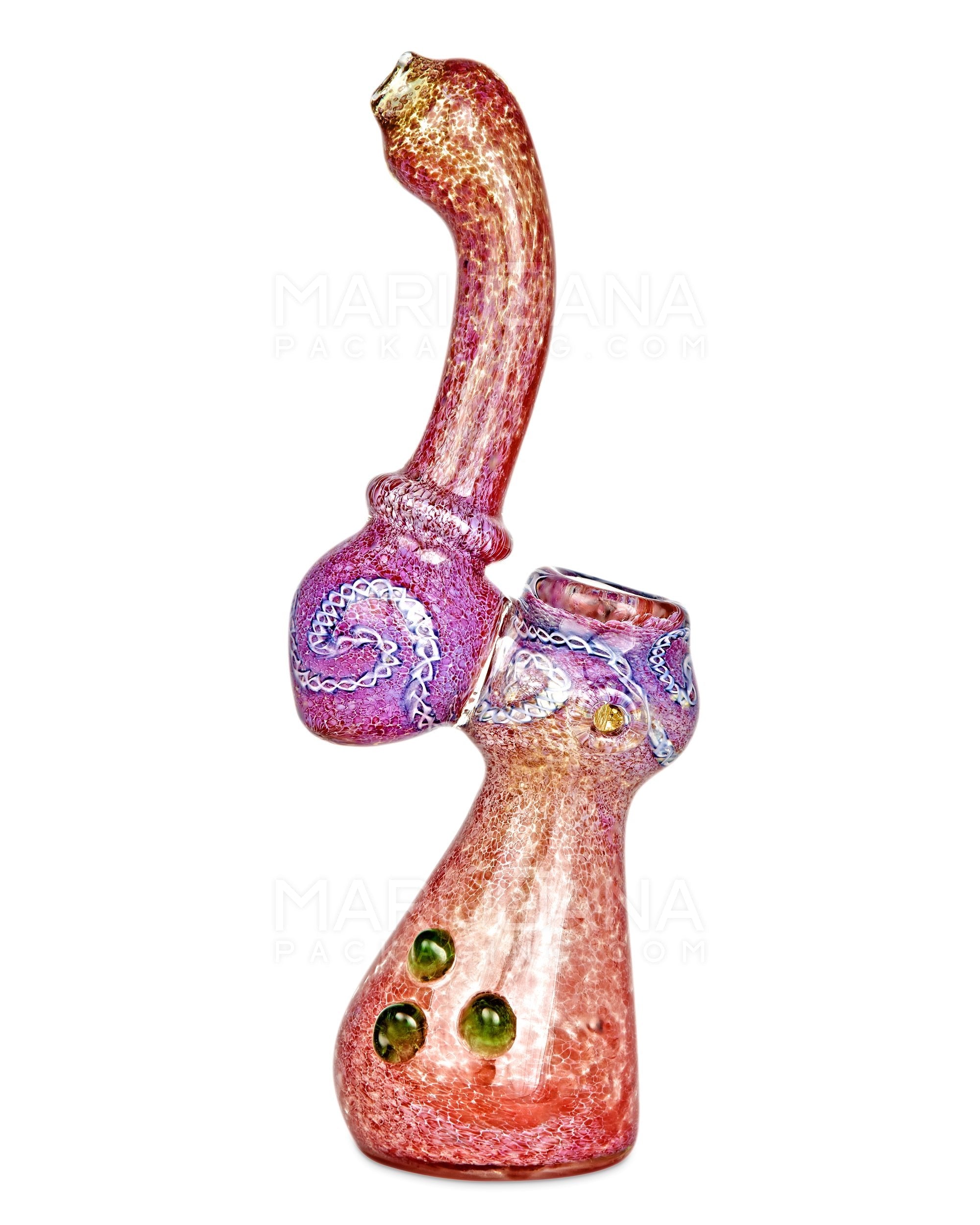 Frit & Gold Fumed Ringed Bubbler w/ Ribboning & Triple Knockers | 8in Tall - Glass - Purple - 1