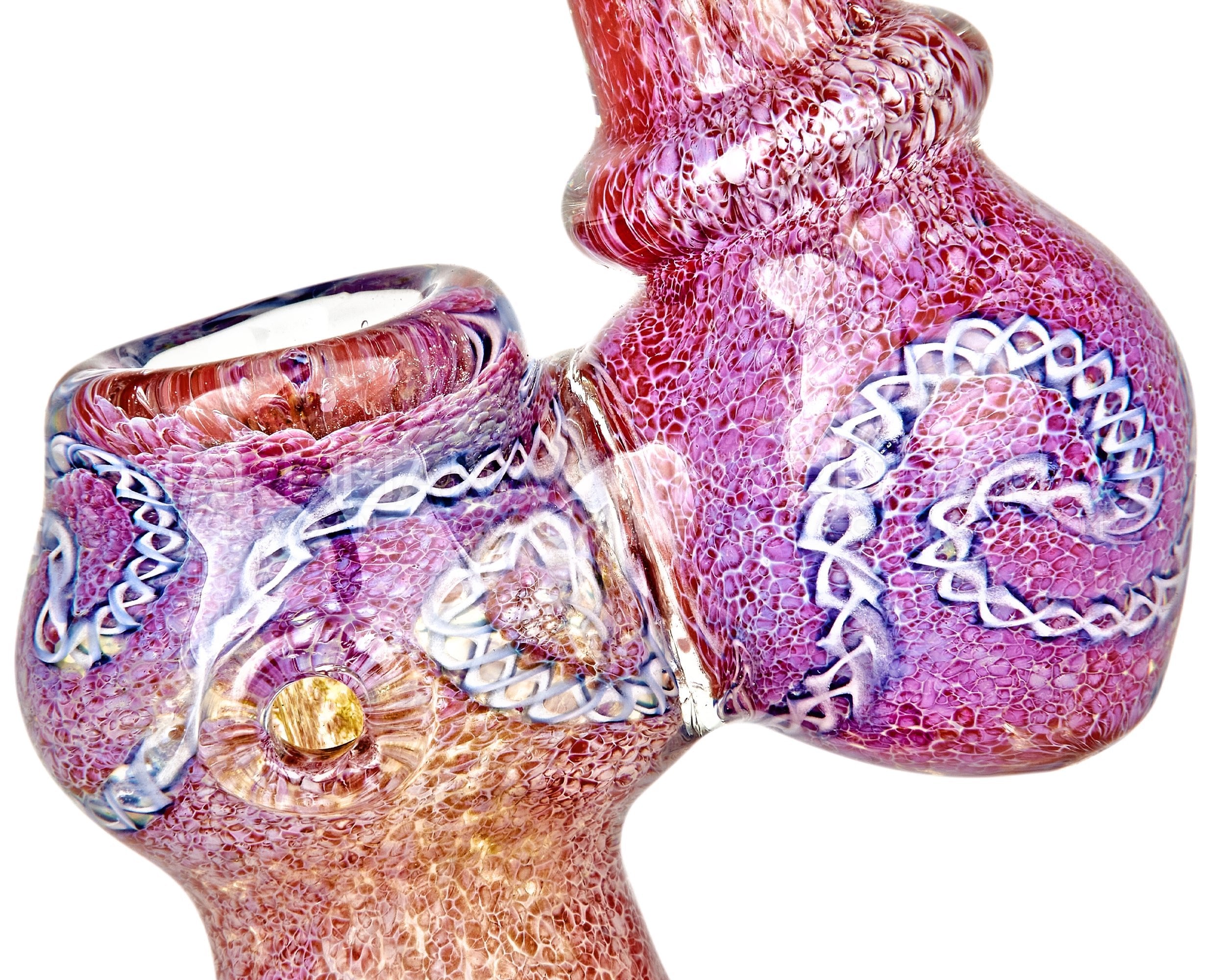 Frit & Gold Fumed Ringed Bubbler w/ Ribboning & Triple Knockers | 8in Tall - Glass - Purple - 2