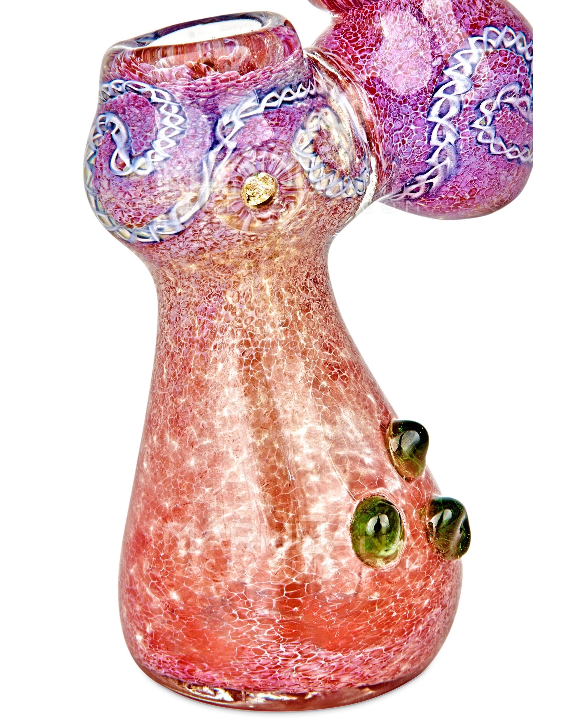 Frit & Gold Fumed Ringed Bubbler w/ Ribboning & Triple Knockers | 8in Tall - Glass - Purple - 4