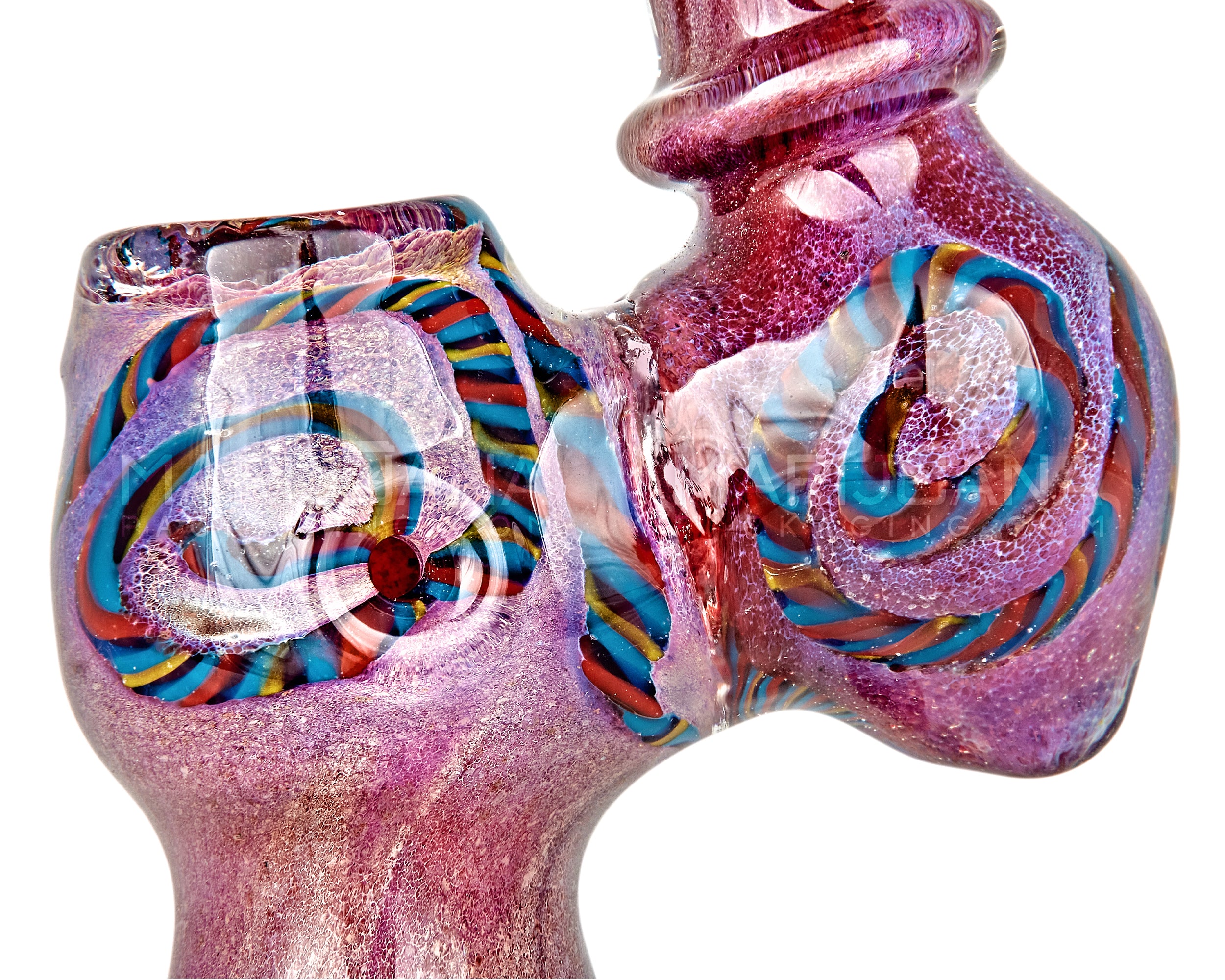 Frit & Gold Fumed Ringed Bubbler w/ Ribboning & Triple Knockers | 8in Tall - Glass - Purple - 5