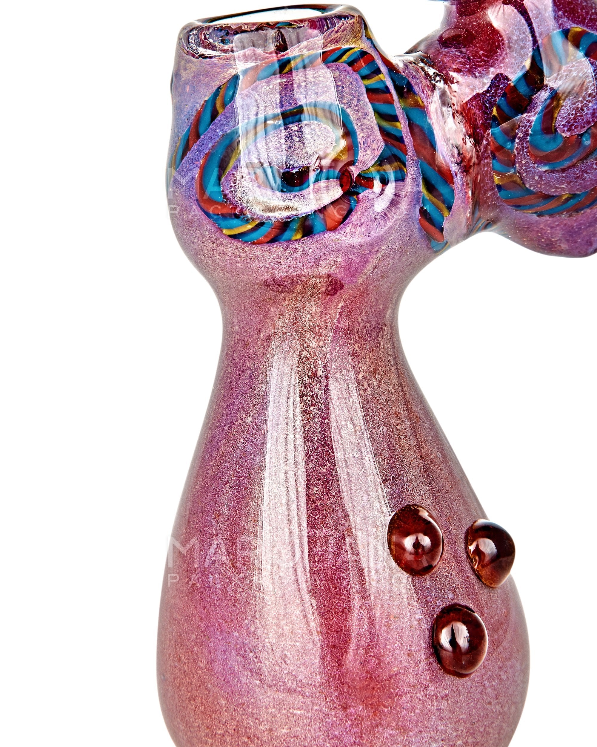 Frit & Gold Fumed Ringed Bubbler w/ Ribboning & Triple Knockers | 8in Tall - Glass - Purple - 6