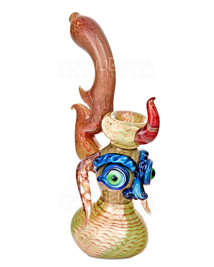 Heady | Crescent Moon Neck Raked & Gold Fumed Owl Face Bubbler w/ Triple Horns | 8.5in Tall - Thick Glass - Assorted Image