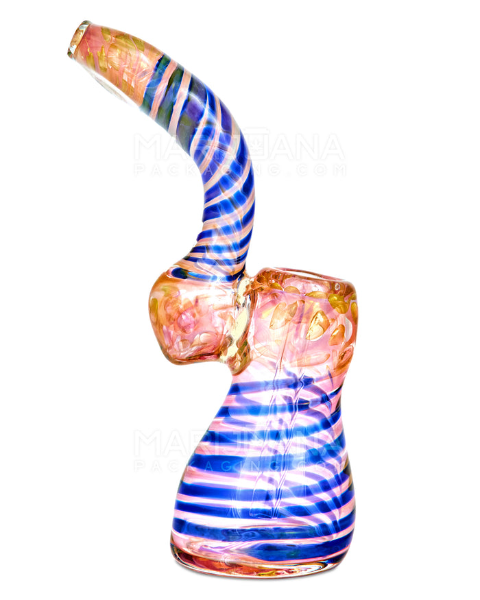 Flat Mouth Spiral & Pink Fumed Bubbler w/ Bubble Trap | 7in Tall - Glass - Pink & Blue Image