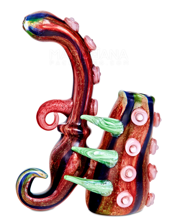 Heady | Striped & Color Pull Kraken Bubbler w/ Triple Horns | 7in Tall - Very Thick Glass - Red Image