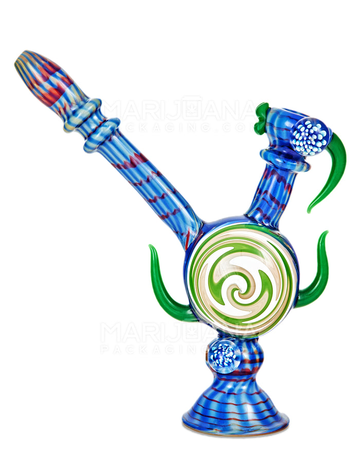 Heady | Color Pull Wig Wag Horned Vase Bubbler w/ Double Flower Marble | 9.5in Tall - Thick Glass - Blue Image