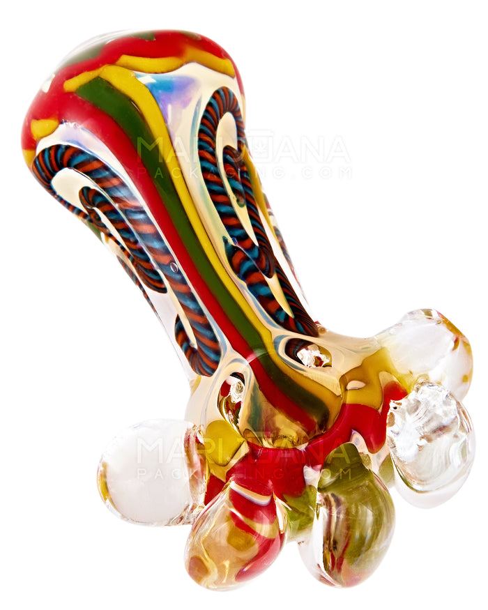 Double Blown | Ribboned & Gold Fumed Ringed Spoon Hand Pipe w/ Stripes & Triple Knockers | 4.5in Long - Glass - Assorted Image