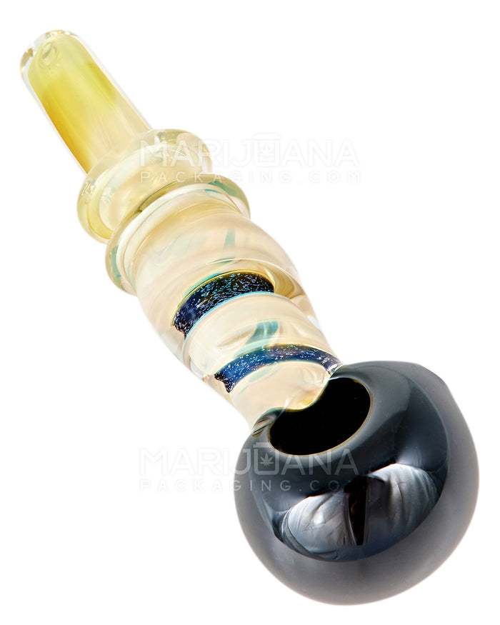 Dichroic Spiral & Gold Fumed Ringed Spoon Hand Pipe | 5.5in Long - Glass - Gold Image