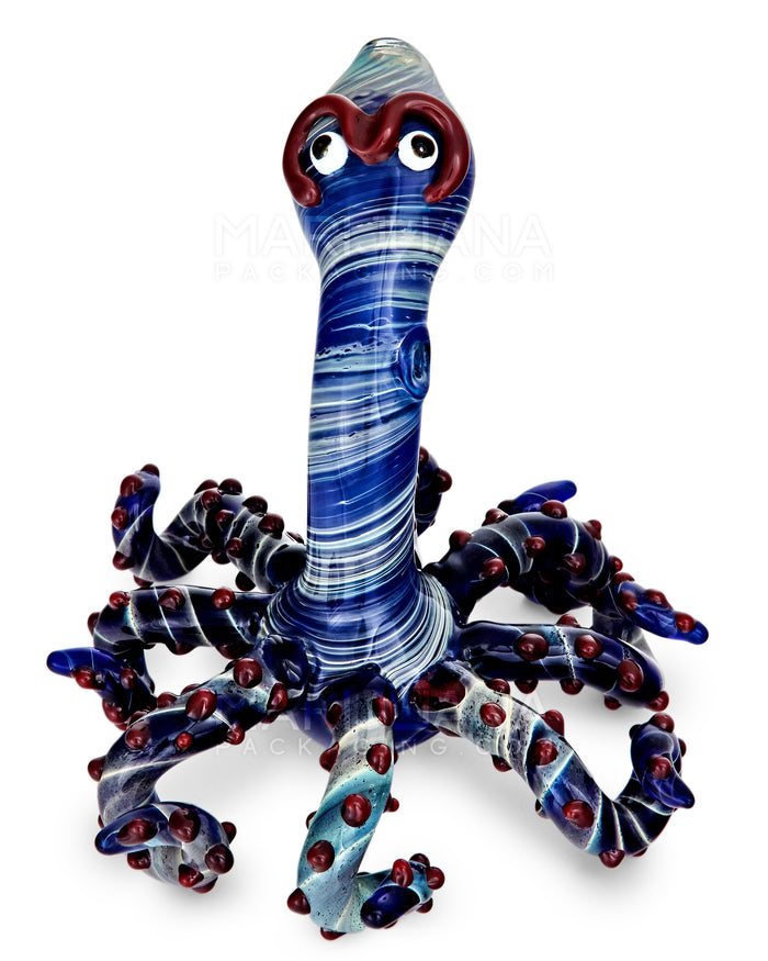 Heady | Spiral Octopus Hand Pipe w/ Knocker Tentacles | 6in Tall - Glass - Blue Image