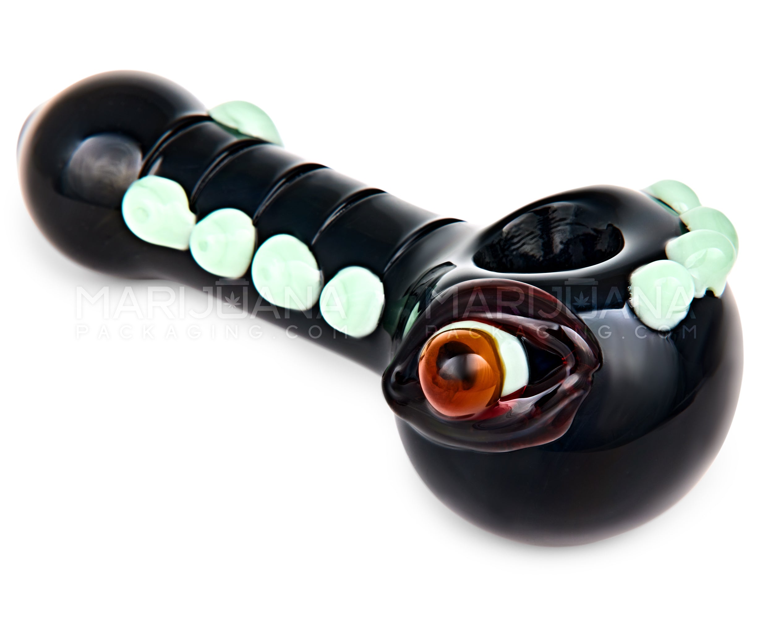 Eyed Spoon Hand Pipe w/ Multi Knockers | 5in Long - Glass - Black - 3