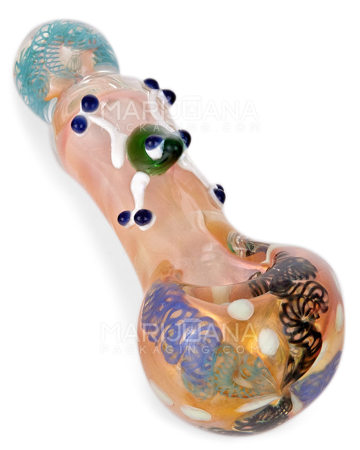 Ribboned & Mixed Fumed Bulged Spoon Hand Pipe w/ Glass Frog | 5.5in Long - Thick Glass - Assorted Image