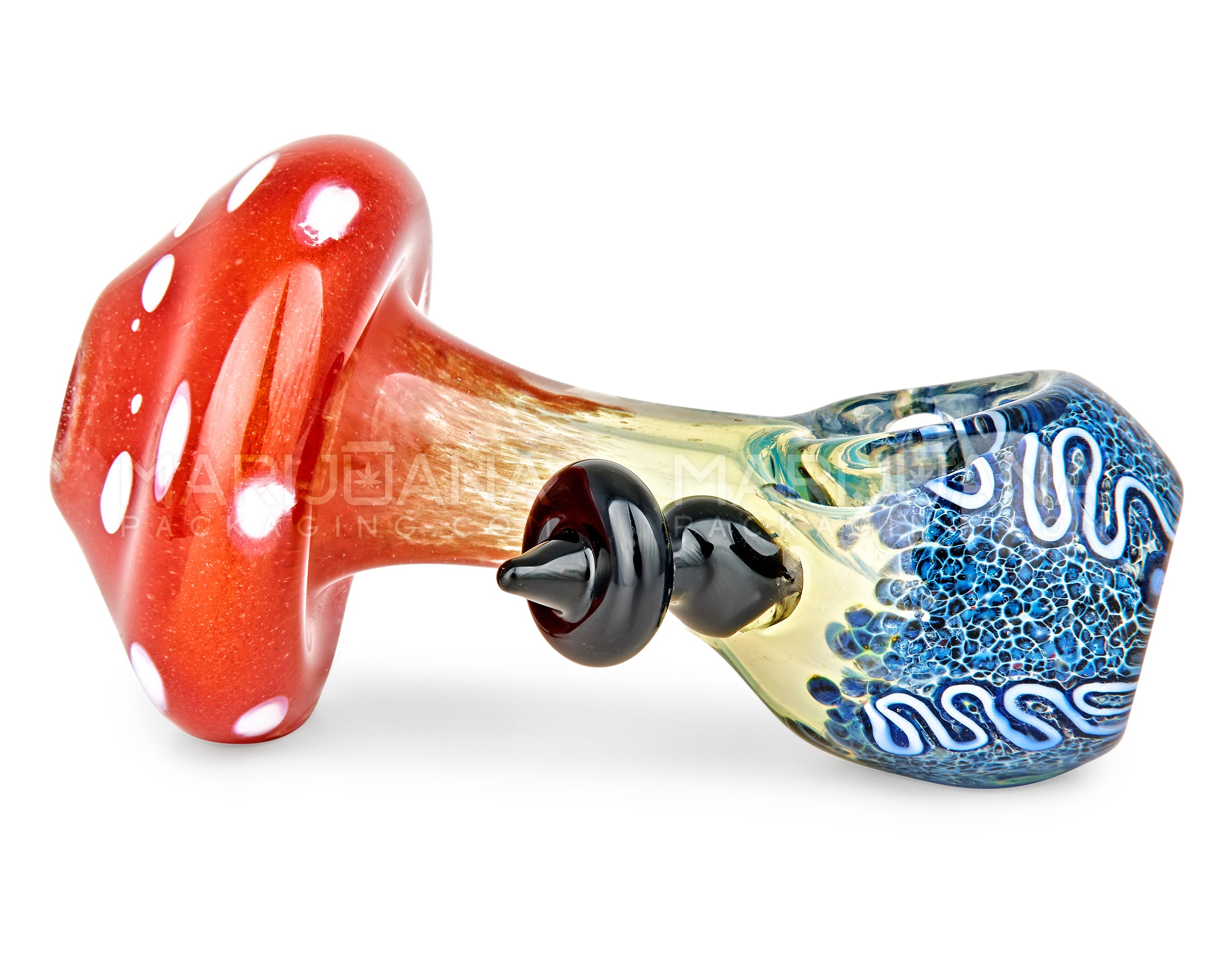 Frit & Multi Fumed Mushroom Hand Pipe w/ Ribboning & Glass Handle | 4in Long - Glass - Assorted - 5