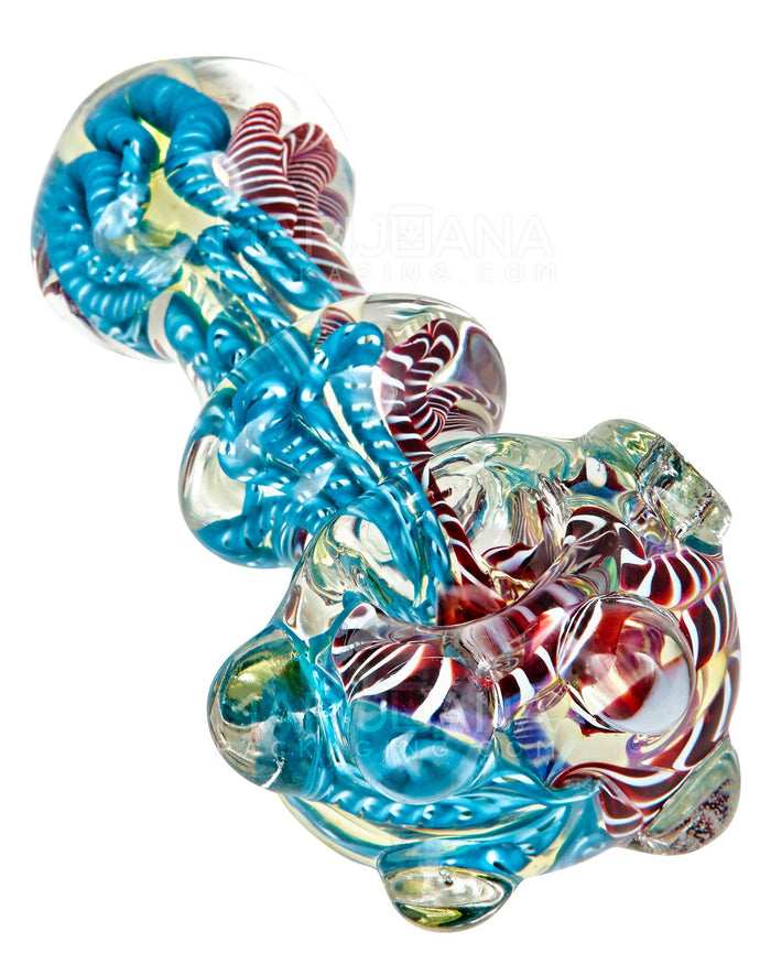 Triple Blown | Ribboned & Gold Fumed Ringed Spoon Hand Pipe w/ Multi Knockers | 4in Long - Very Thick Glass - Assorted Image