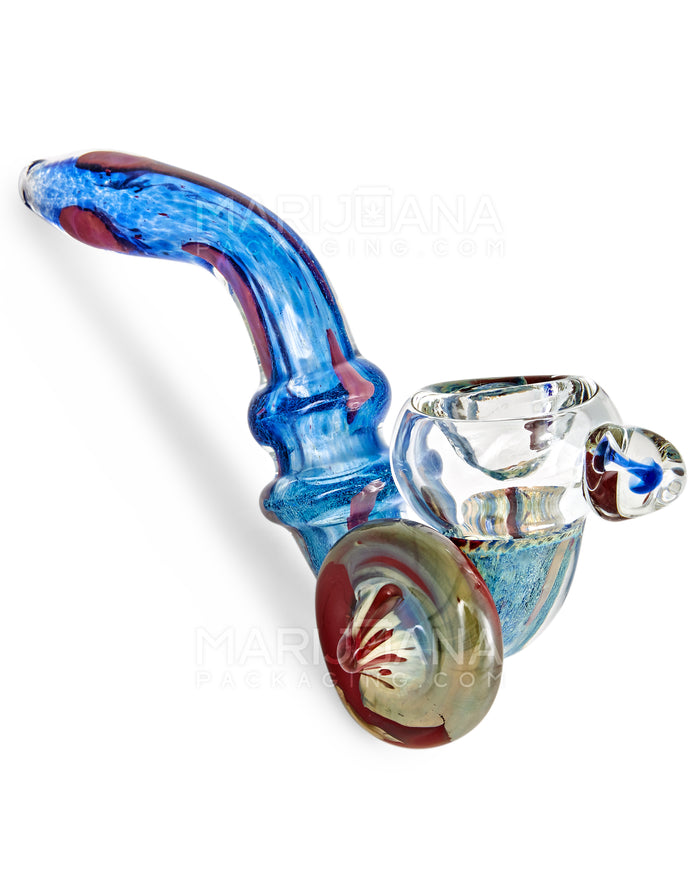 Dichroic Frit Ringed Sherlock Hand Pipe w/ Mushroom Marble & Medallion | 6in Long - Glass - Blue Image