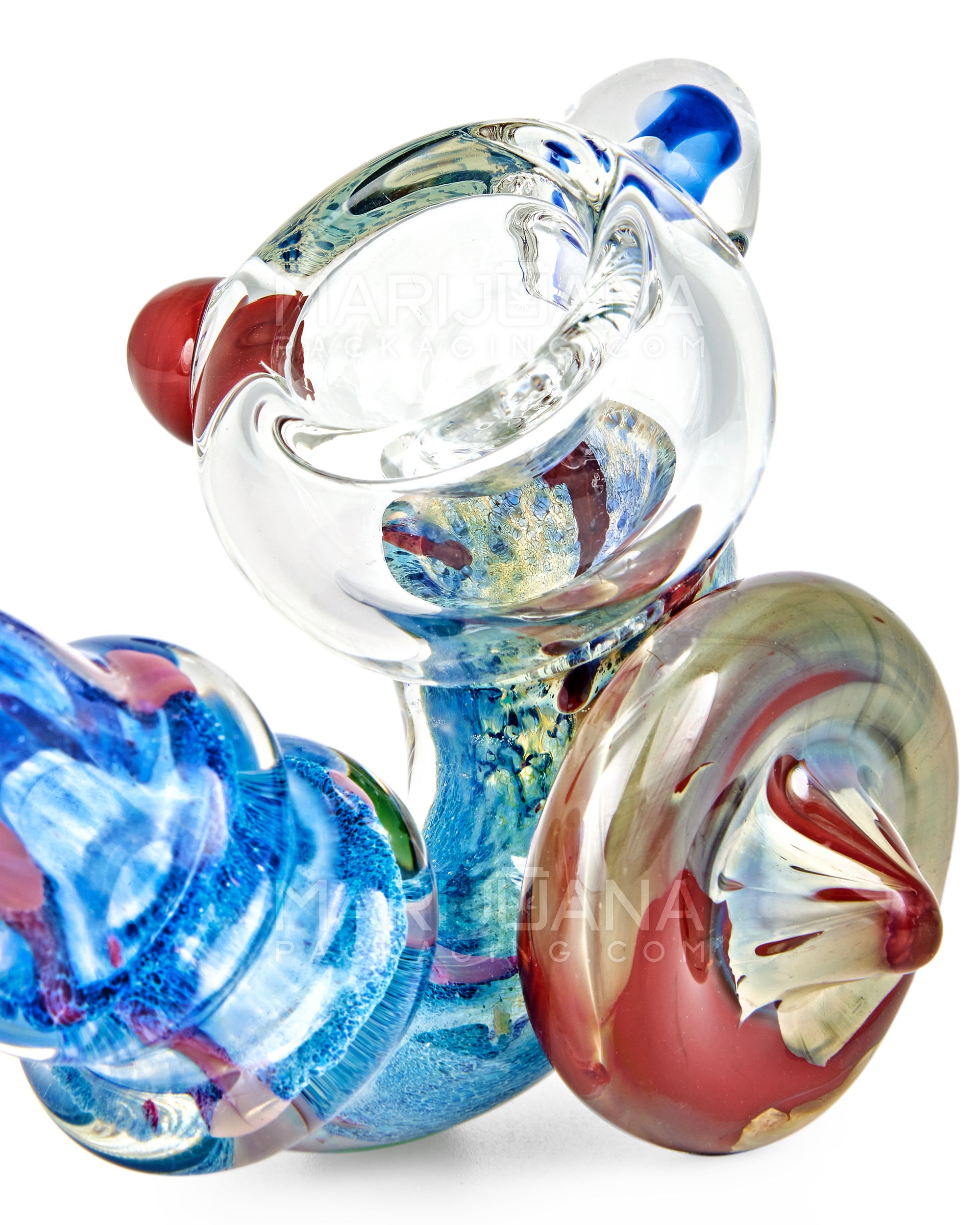 Dichroic Frit Ringed Sherlock Hand Pipe w/ Mushroom Marble & Medallion | 6in Long - Glass - Blue - 3