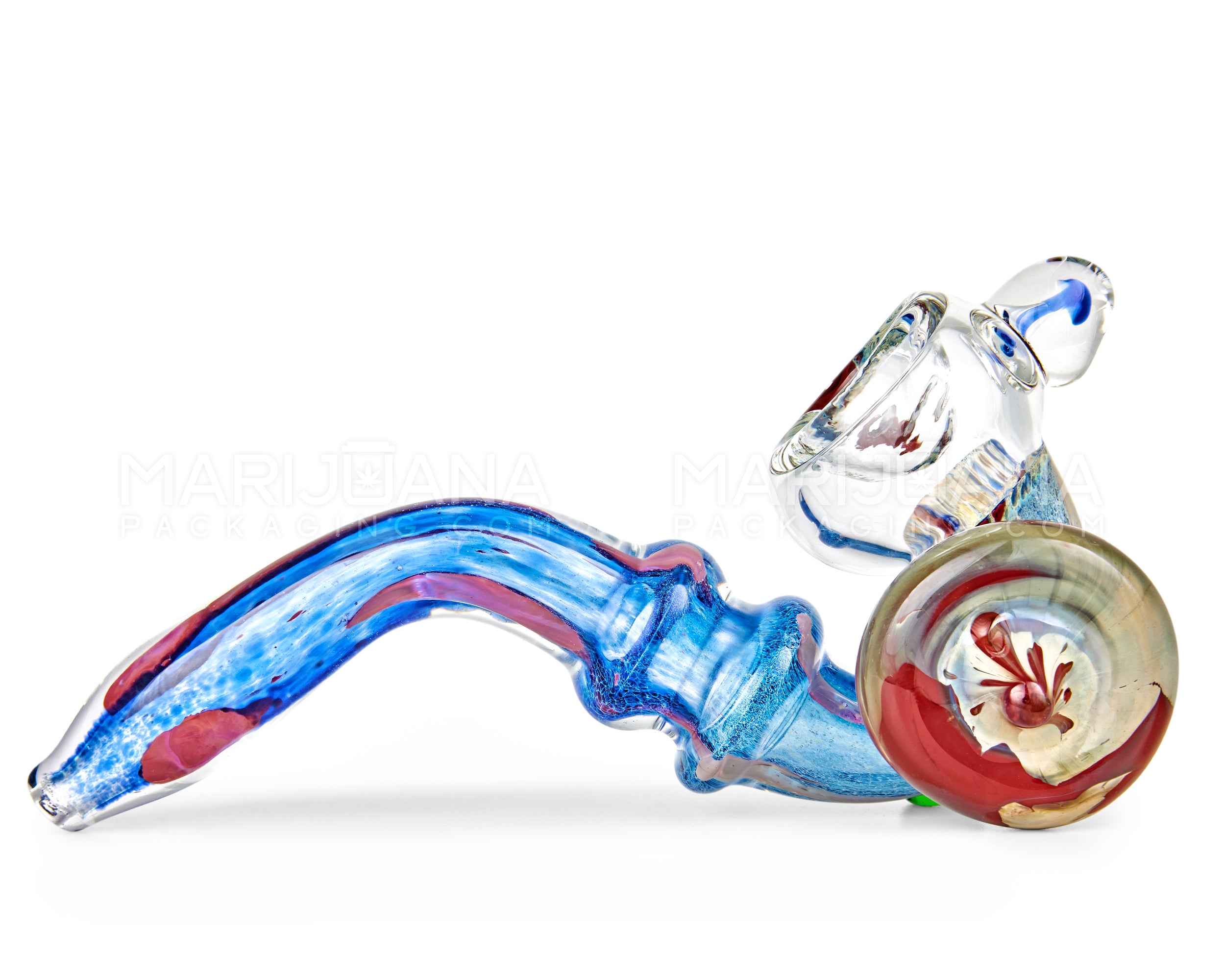 Dichroic Frit Ringed Sherlock Hand Pipe w/ Mushroom Marble & Medallion | 6in Long - Glass - Blue - 4