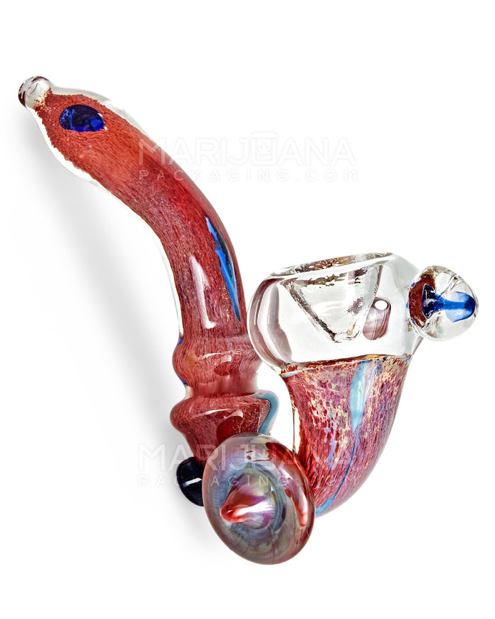 Dichroic Frit Ringed Sherlock Hand Pipe w/ Mushroom Marble & Medallion | 6in Long - Glass - Red Image