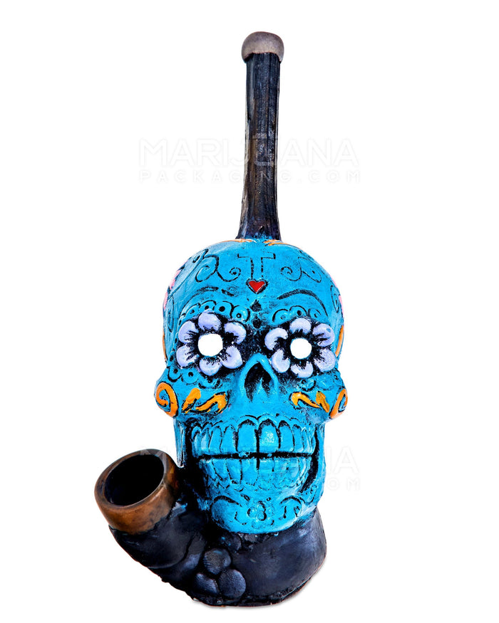 Los Muertos Sugar Skull Wood Pipe | 6in Tall - Wood Bowl - Turquoise Image