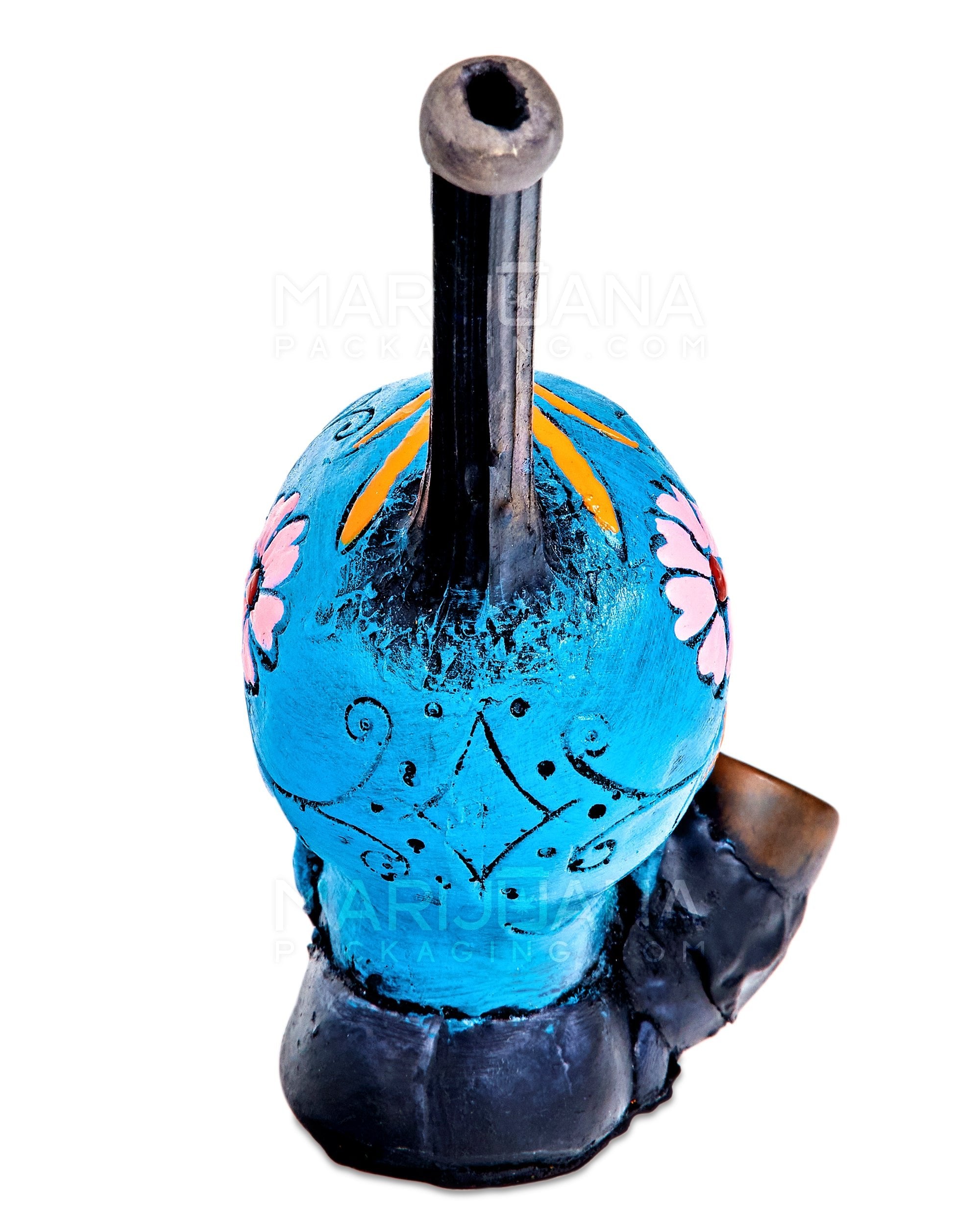 Los Muertos Sugar Skull Wood Pipe | 6in Tall - Wood Bowl - Turquoise - 6