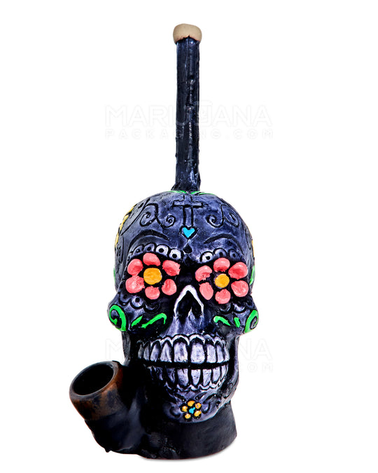 Los Muertos Sugar Skull Wood Pipe | 6in Tall - Wood Bowl - Grey - 1