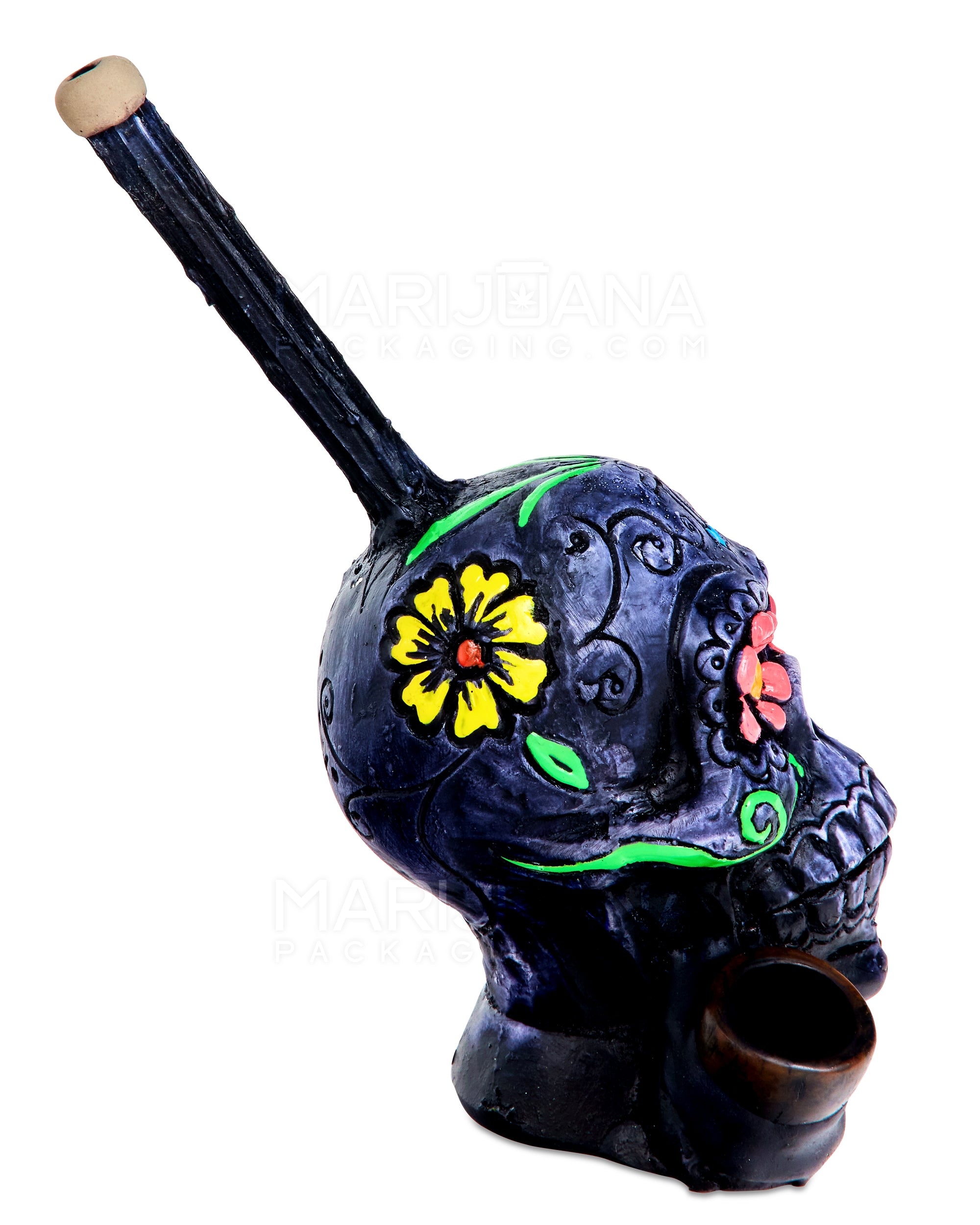 Los Muertos Sugar Skull Wood Pipe | 6in Tall - Wood Bowl - Grey - 4