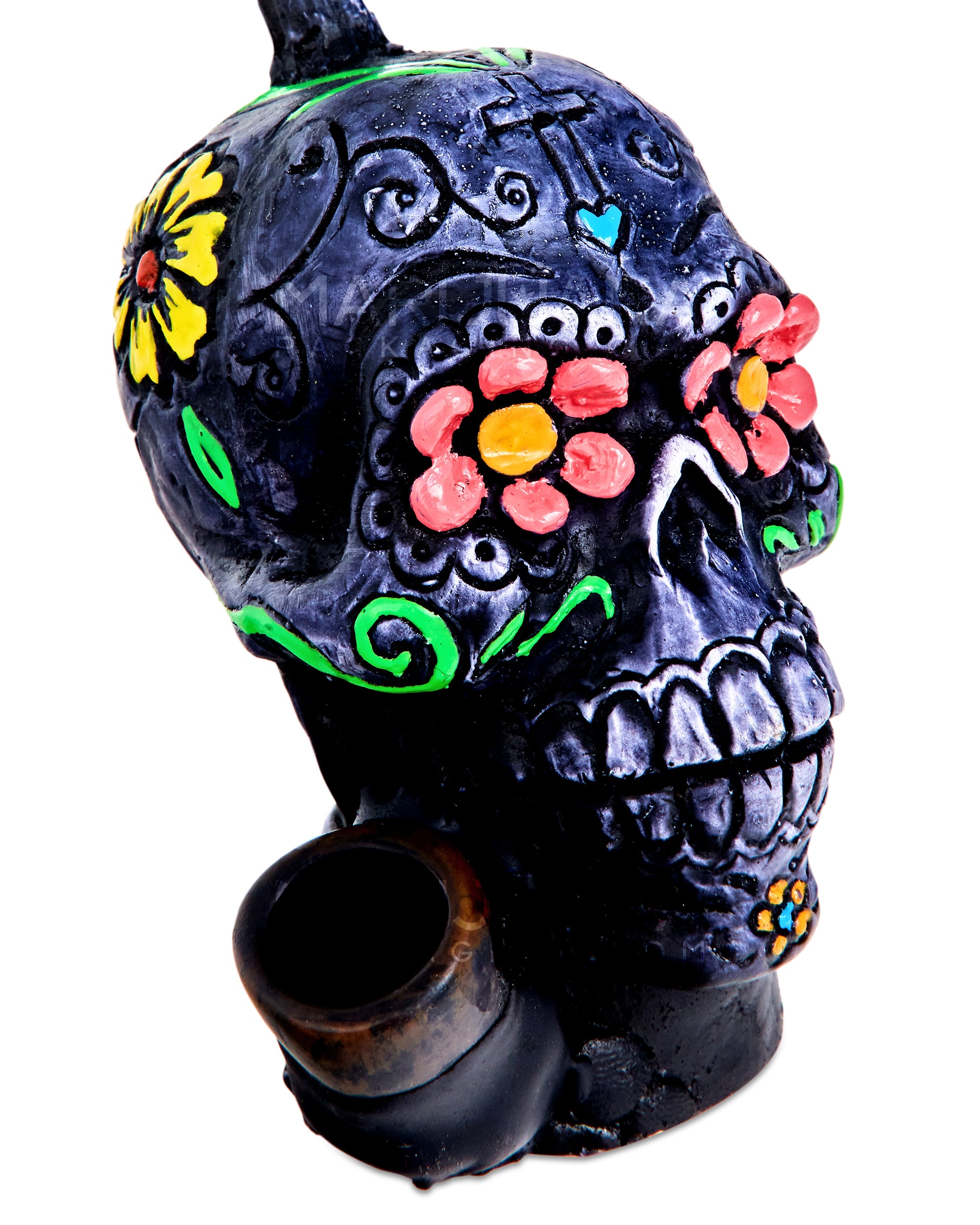 Los Muertos Sugar Skull Wood Pipe | 6in Tall - Wood Bowl - Grey - 3