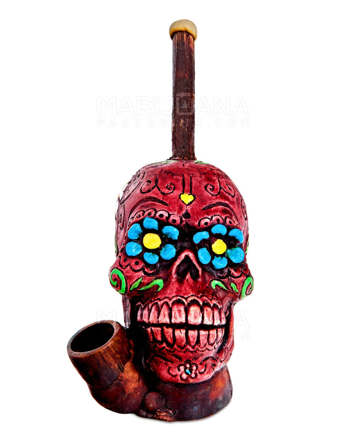 Los Muertos Sugar Skull Wood Pipe | 6in Tall - Wood Bowl - Red Image