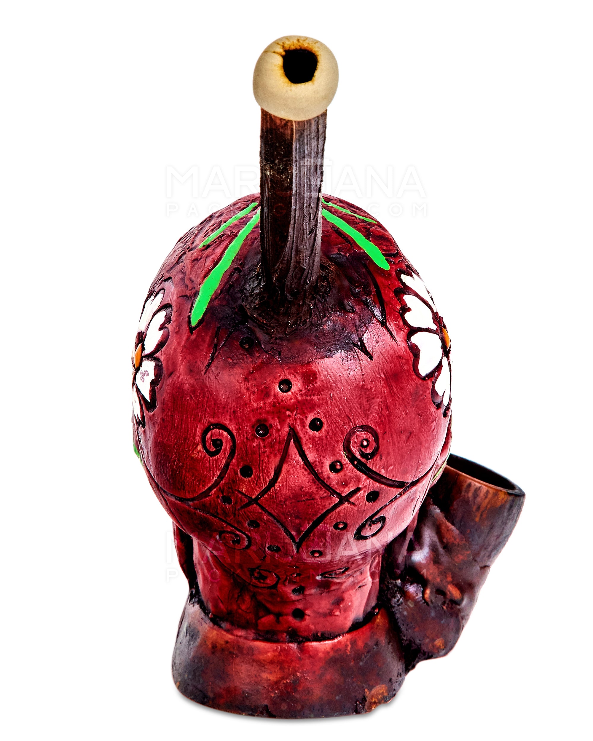 Los Muertos Sugar Skull Wood Pipe | 6in Tall - Wood Bowl - Red - 6