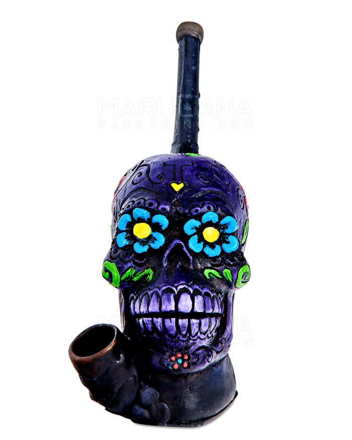 Los Muertos Sugar Skull Wood Pipe | 6in Tall - Wood Bowl - Purple Image