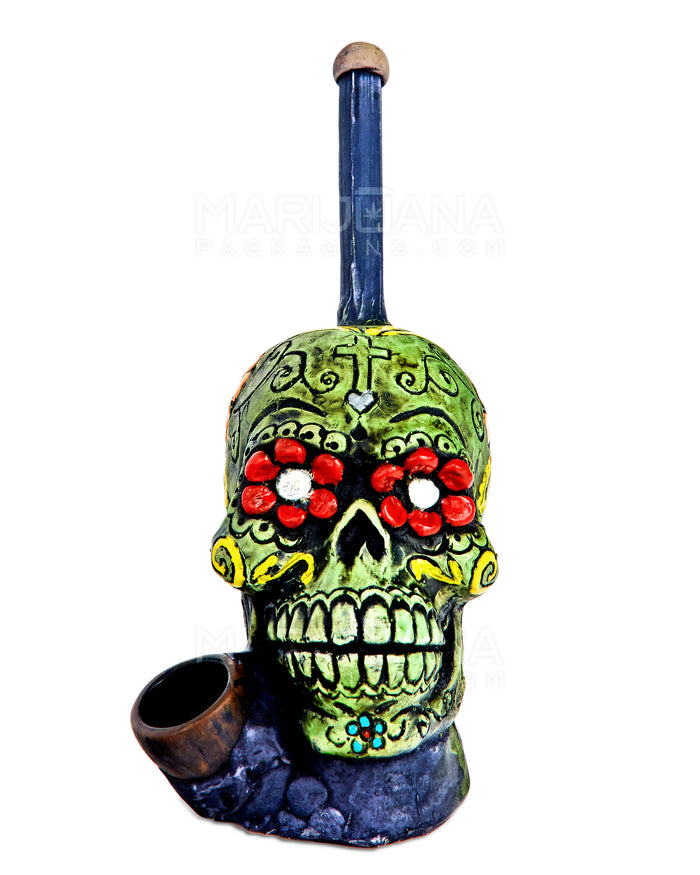 Los Muertos Sugar Skull Wood Pipe | 6in Tall - Wood Bowl - Green Image