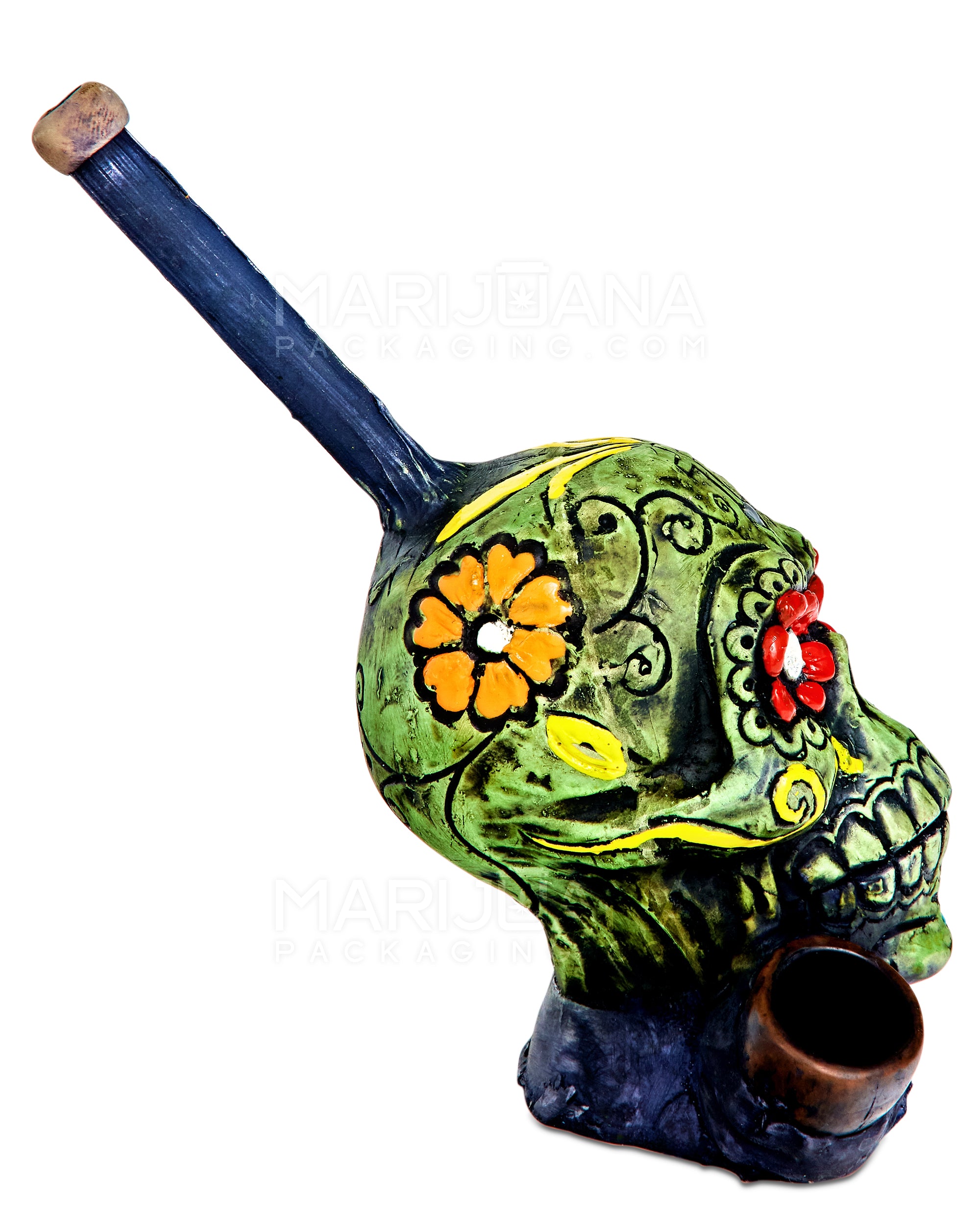 Los Muertos Sugar Skull Wood Pipe | 6in Tall - Wood Bowl - Green - 4