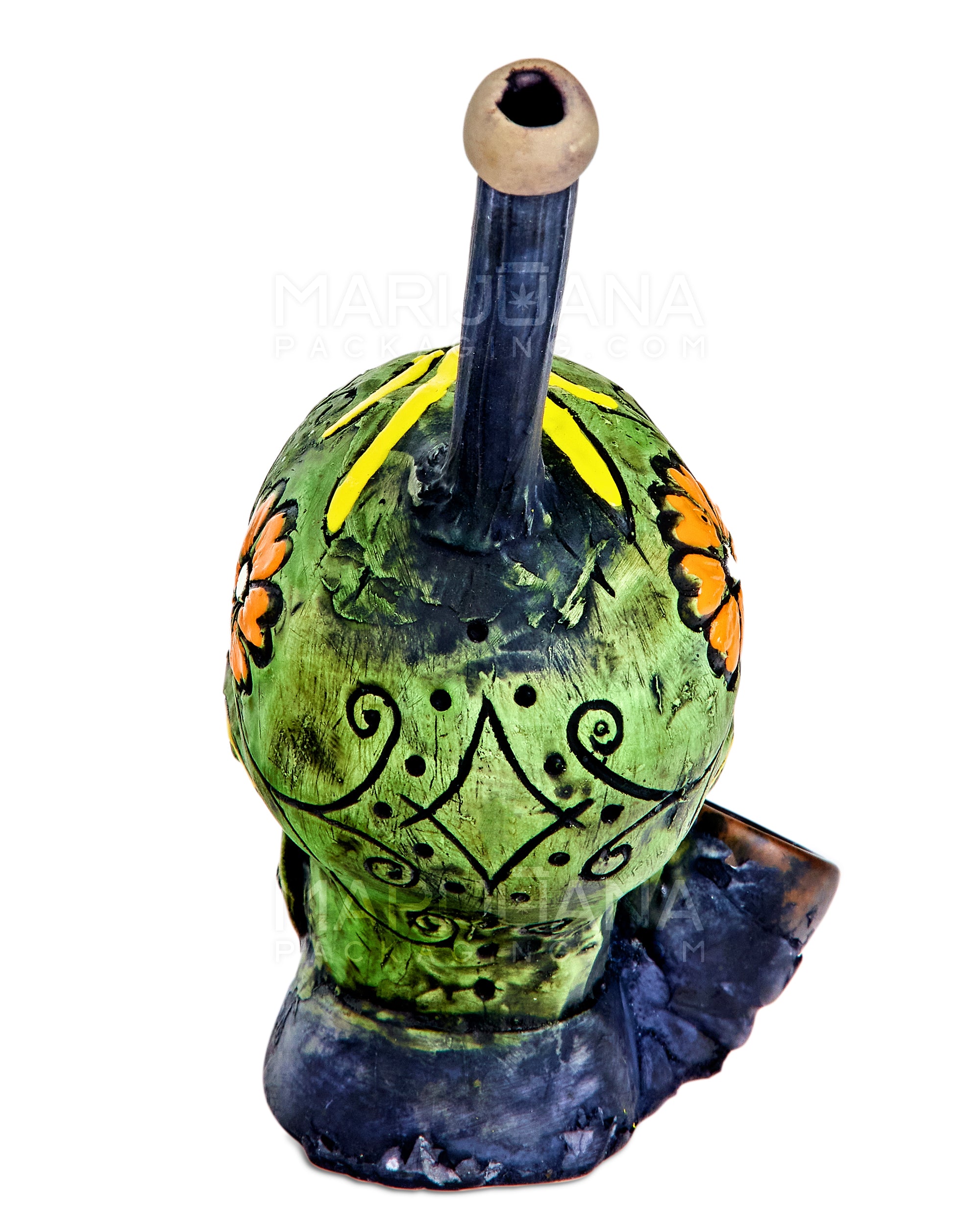 Los Muertos Sugar Skull Wood Pipe | 6in Tall - Wood Bowl - Green - 6