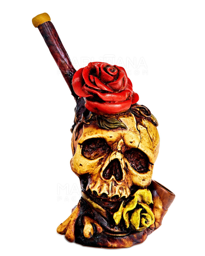 Rose Skull Wood Pipe | 6in Tall - Wood Bowl - Red & Brown Image