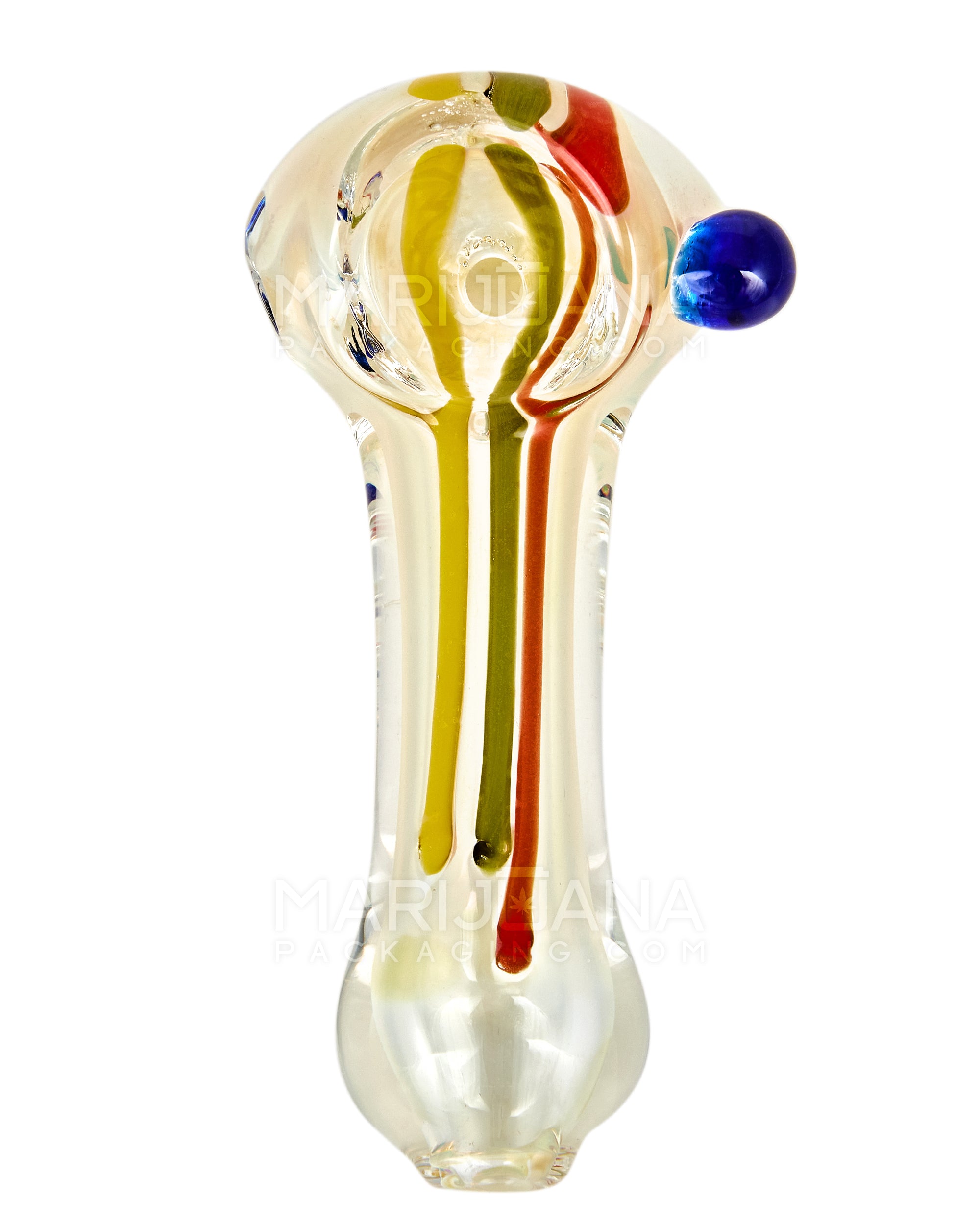 Striped & Gold Fumed Spoon Hand Pipe w/ Knocker | 3in Long - Glass - Rasta - 2